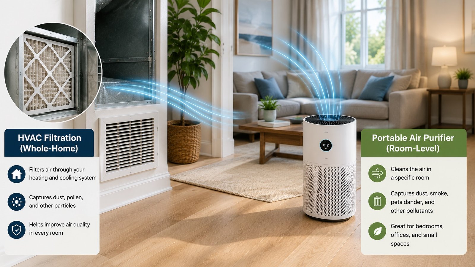 Air purifier and HVAC filter for improving indoor air quality