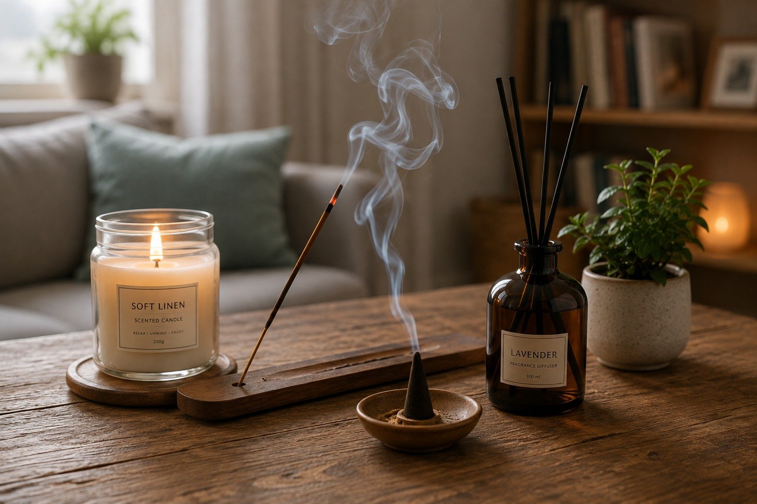 Burning candle and incense producing smoke indoors