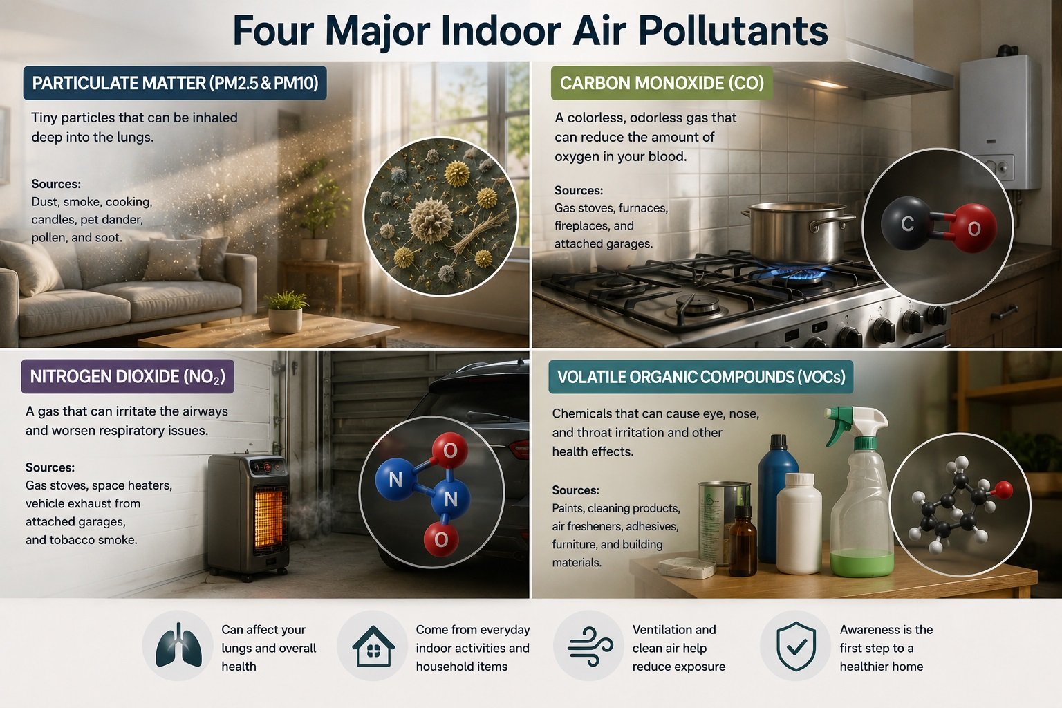 Four major indoor air pollutants including particles, carbon monoxide, nitrogen dioxide, and VOCs