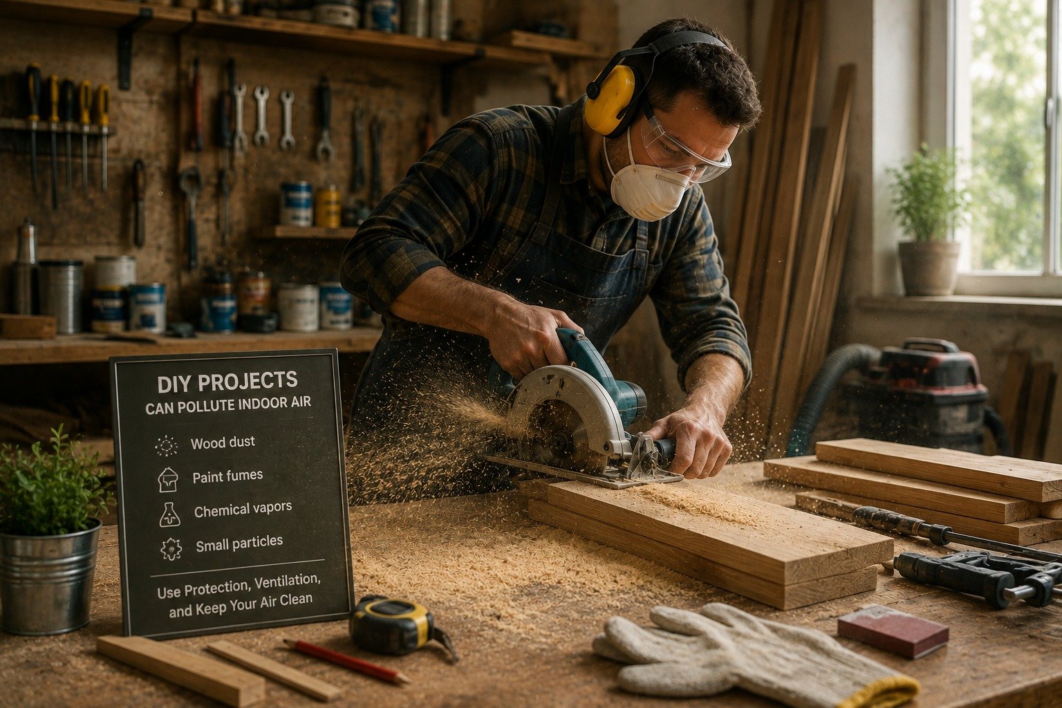 Woodworking activity producing dust inside a workshop