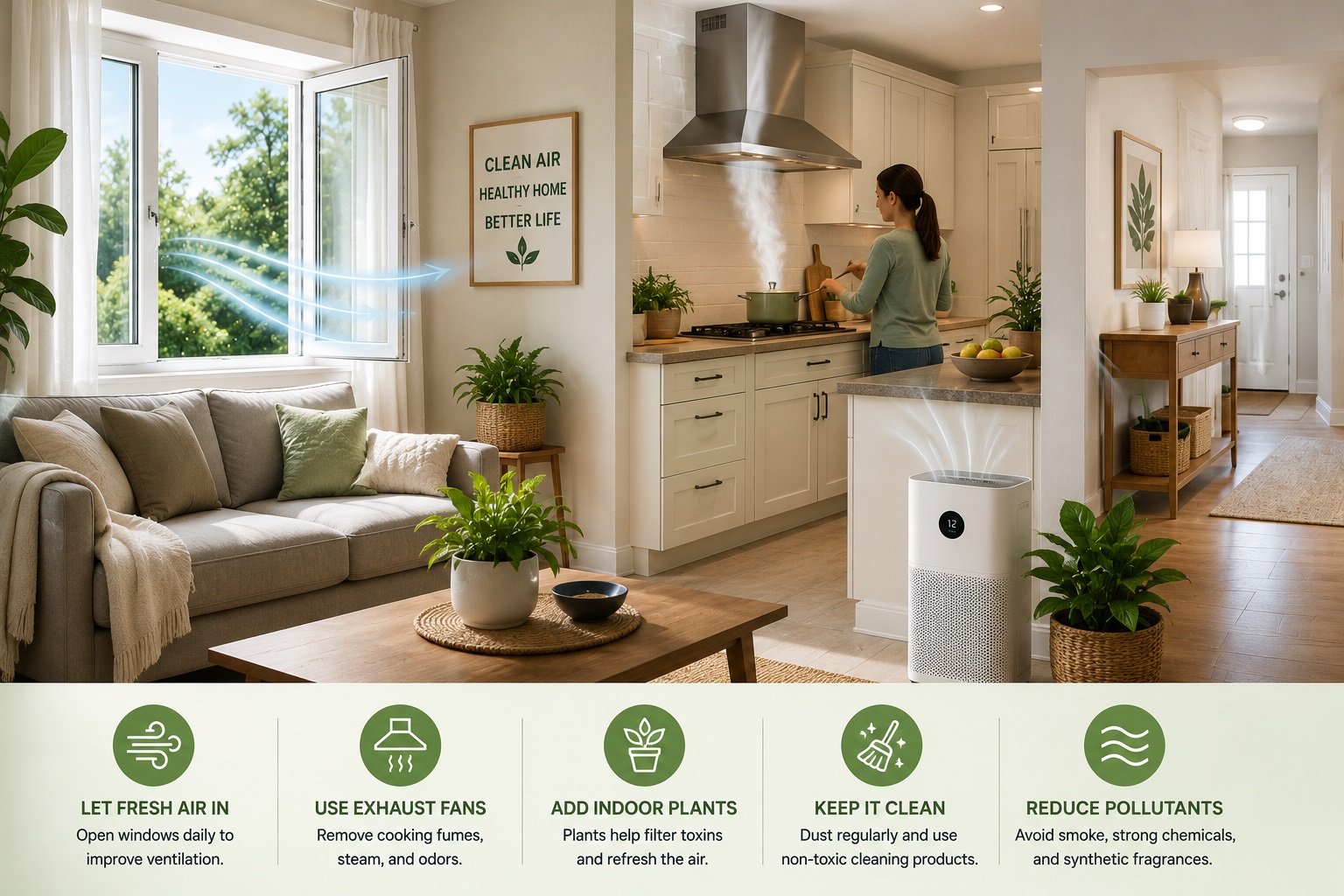 Ways to improve indoor air quality naturally with fresh air and kitchen ventilation