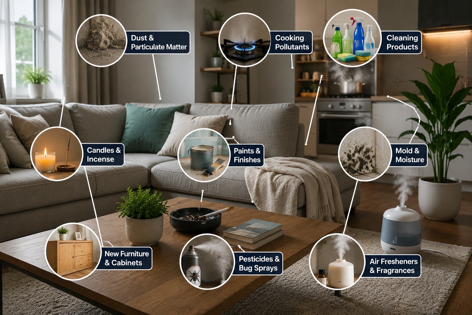 Different sources of indoor air pollution inside a home