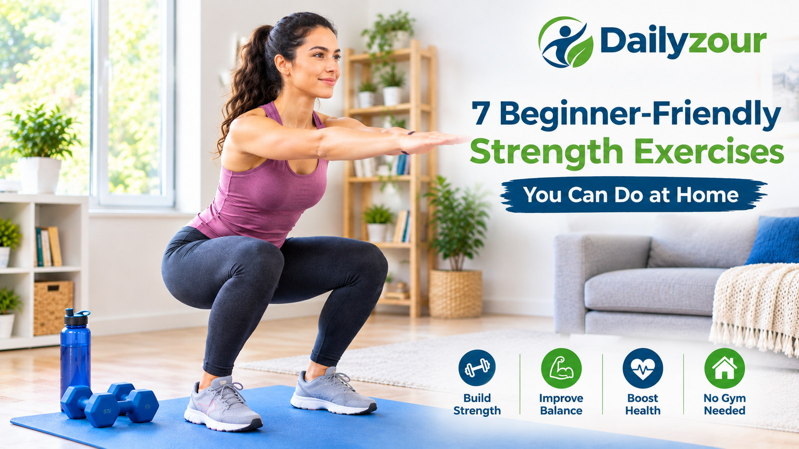 Beginner performing a bodyweight squat during a home strength workout.