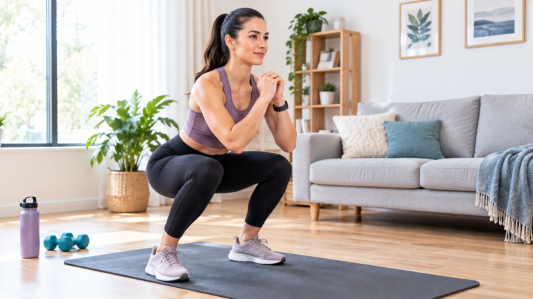 : Woman performing a bodyweight squat during a beginner home workout.