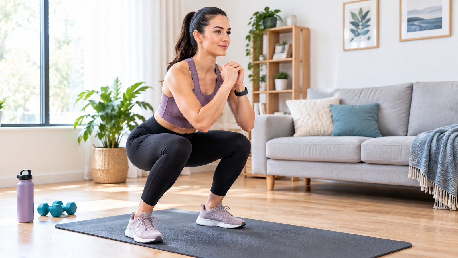 : Woman performing a bodyweight squat during a beginner home workout.